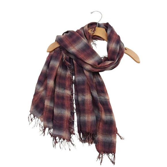 Chan Luu Scarf Womens One Size Dark Sapphire Ombre Plaid Fringed Silk Cashmere - Picture 2 of 11